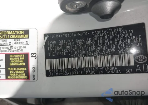 2011 Toyota Corolla S from USA, damaged, VIN 2T1BU4EE9BC622579